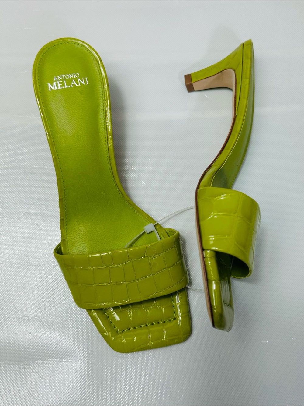 ANTONIO MELANI Lime Green Croc-Embossed Slide Mules